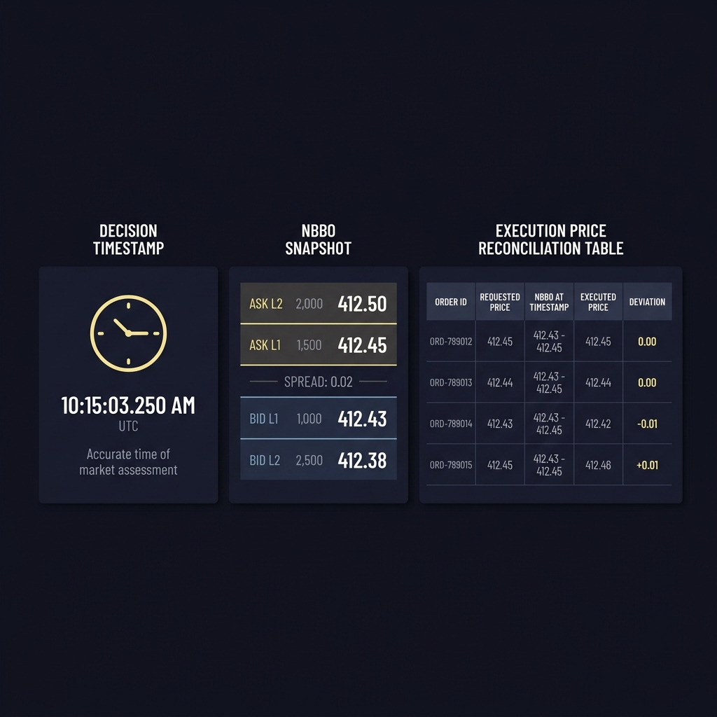Diagram showing decision timestamp NBBO snapshot and execution price reconciliation table illustrating Why Market Prices Should Be Included in Backtests