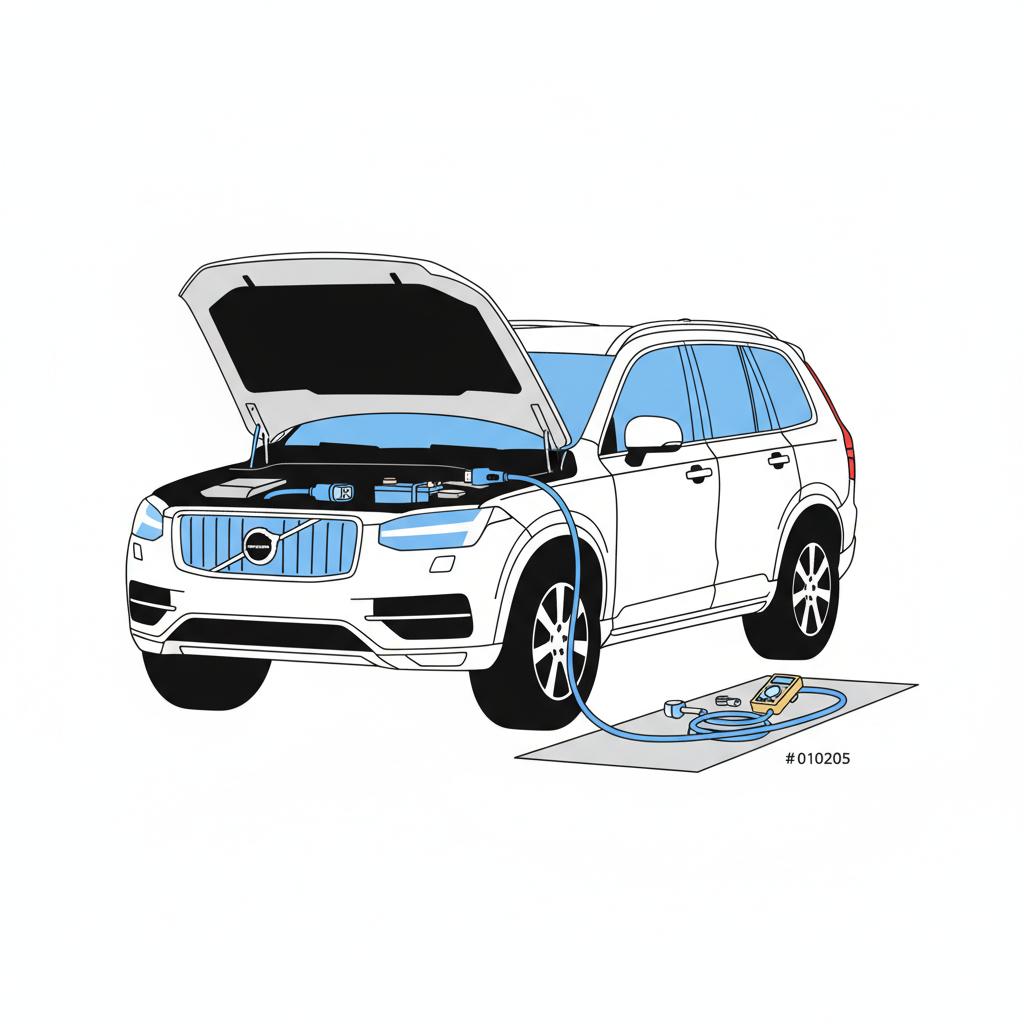 Minimalist 2D vector of a Volvo XC90 for sale with open hood showing battery compartment and charging cable and service tools on white background