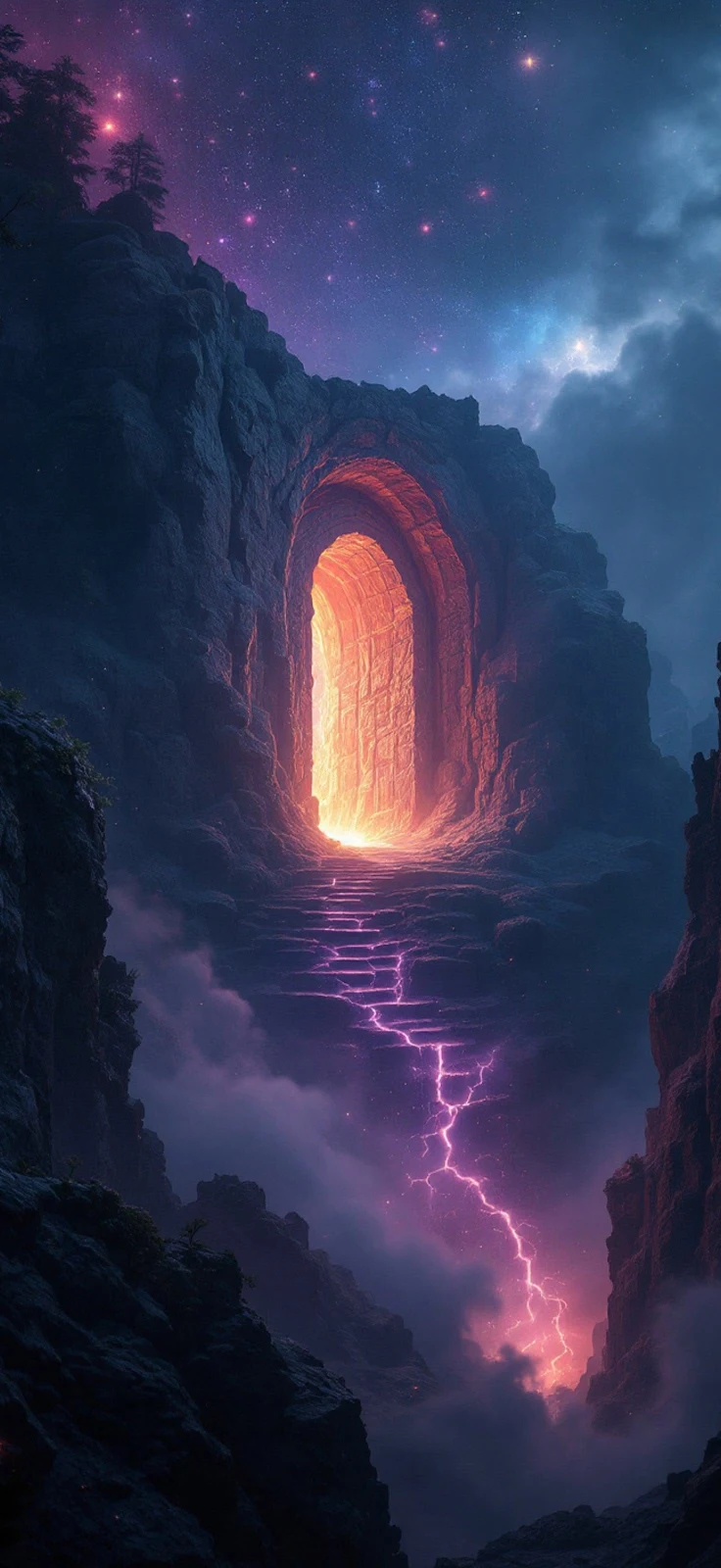 Fantasy Landscape, Portal, Lightning, Mountains 2K iPhone Wallpaper Background (1472x3200)