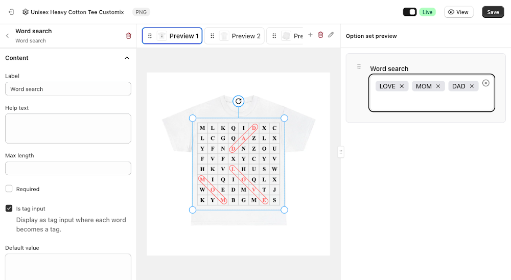 Content panel with LOVE, MOM, and DAD entered as tags, canvas showing the letter grid with each word circled in red where it's hidden