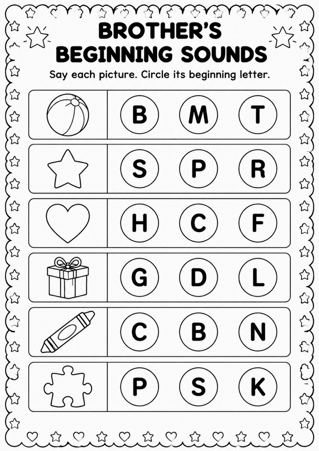 Brother's Beginning Sounds Phonics Worksheet