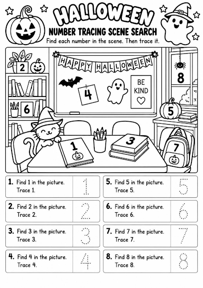 Halloween Number Tracing Scene Search