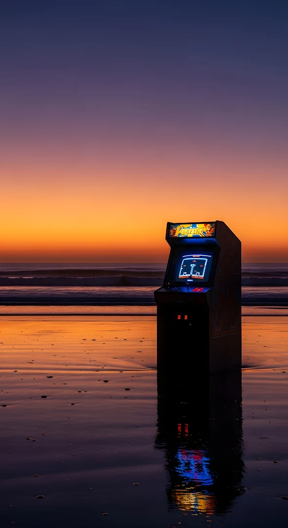 Retro Arcade Cabinet Glowing on Wet Beach at Twilight