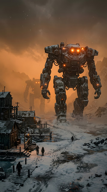Giant Sci-Fi Walking Machines in Hazy Snow Landscape - Free mobile Wallpaper