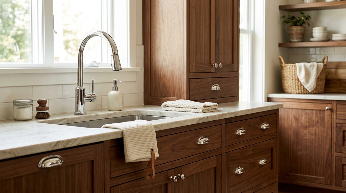 How to Mix Chrome Kitchen Decor With Warm Wood Cabinets - microfiber care for polished chrome beside wood furniture