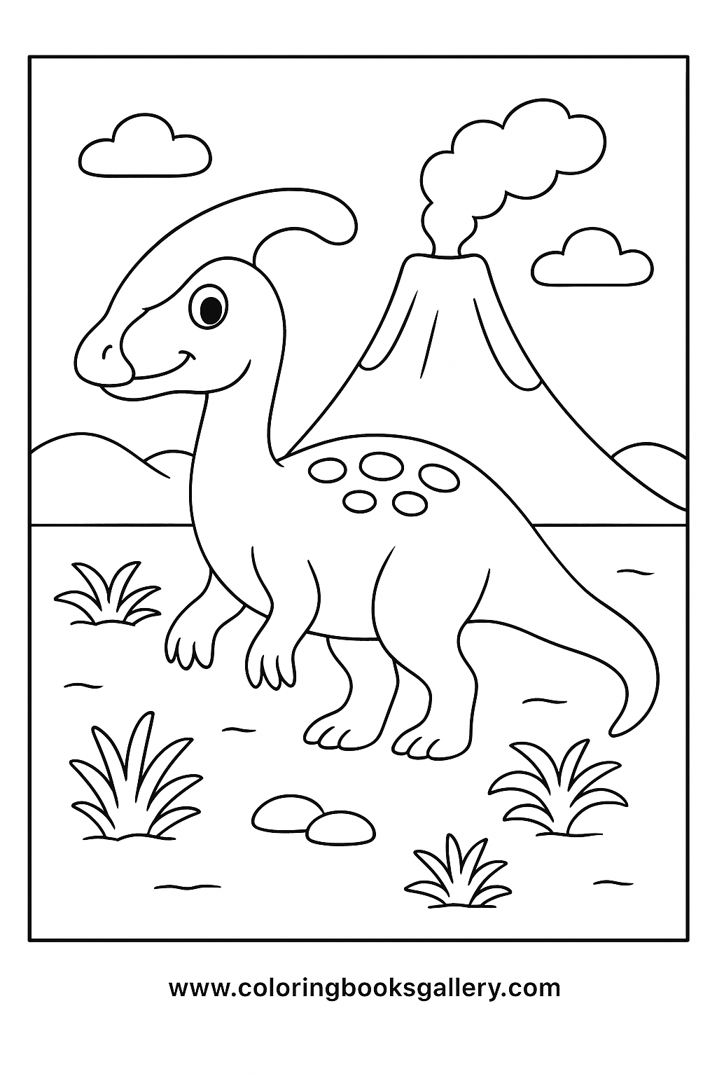 Cartoon Lambeosaurus Under the Volcano Sky Coloring Page for Kids – free coloring page for kids