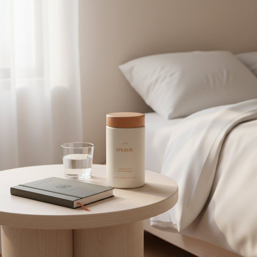 Minimalist bedroom morning scene with Tonum Motus jar on a round wooden bedside table beside a journal with Tonum weight-loss icon and a glass of water — What happens if you eat no carbs for a week?