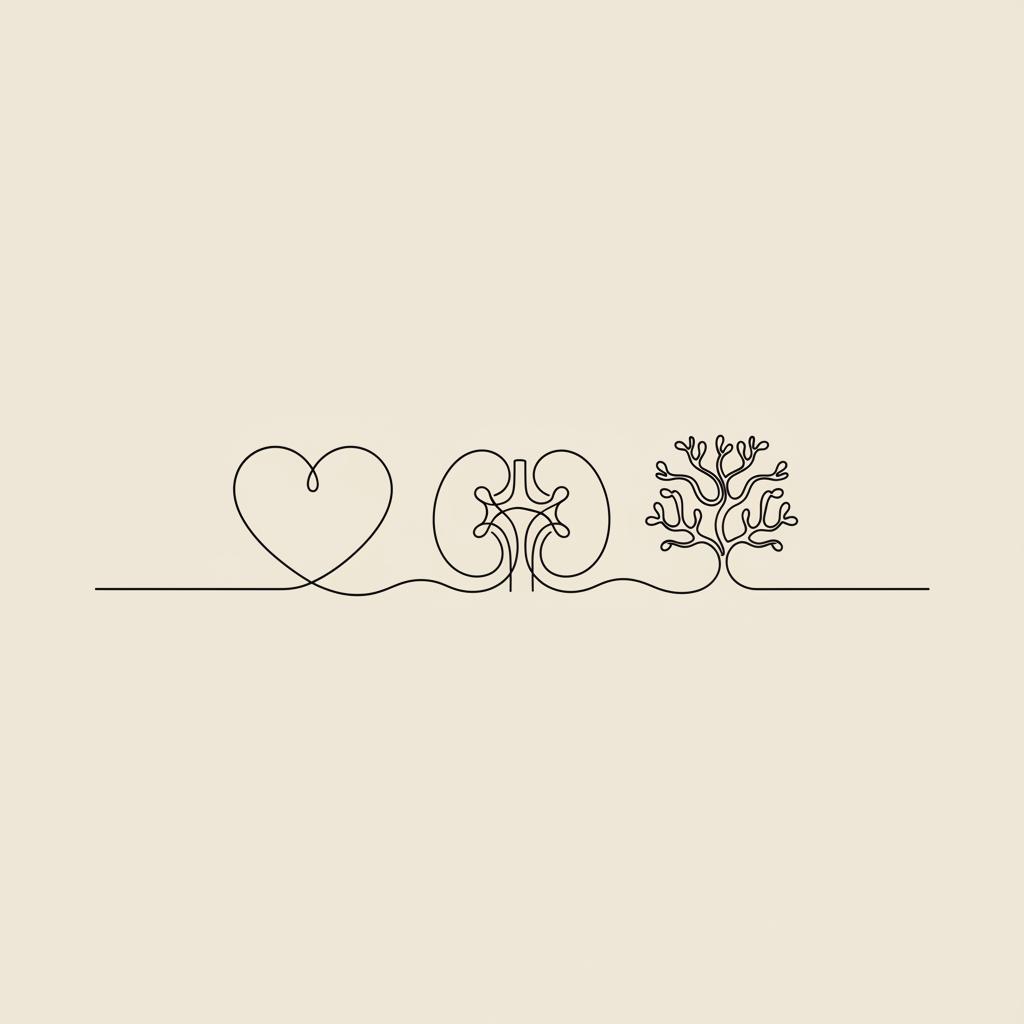 Minimalist Tonum-style line illustration of a heart, kidney, and nerve branch connected by a single elegant line on a beige background, representing amyloidosis