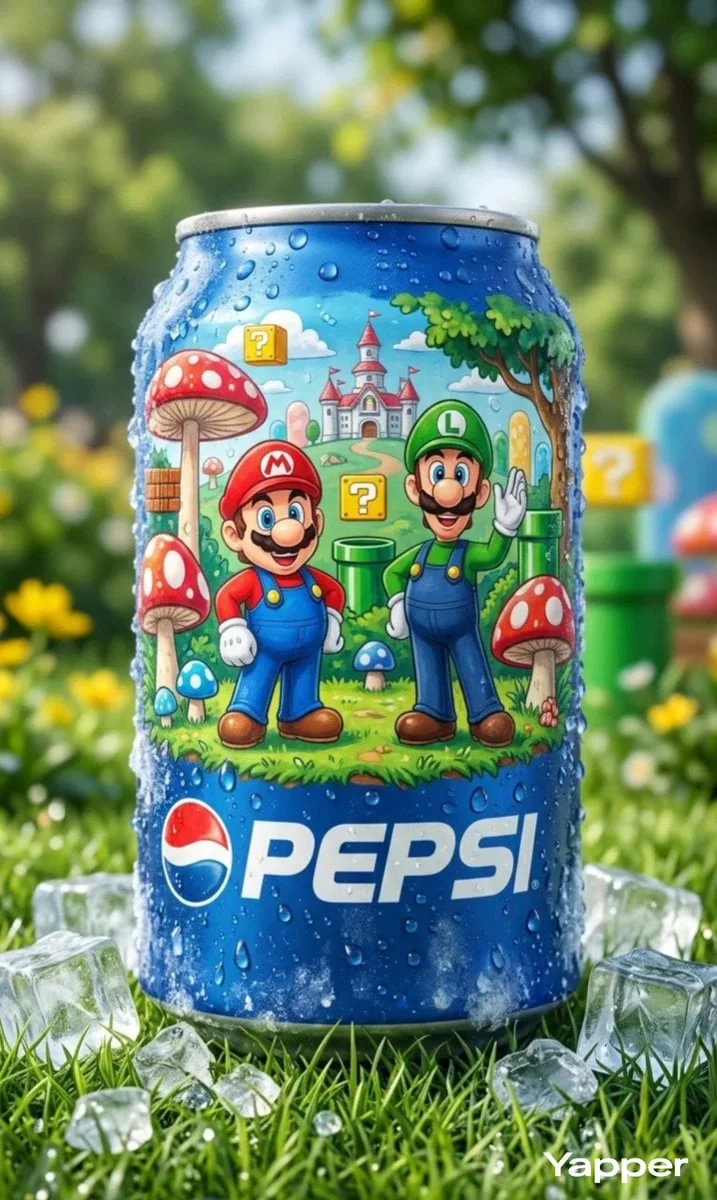 Fotografía de producto ultrarrealista de una lata de Pepsi azul fría colocada en posición vertical sobre césped verde fresco, cubierta...