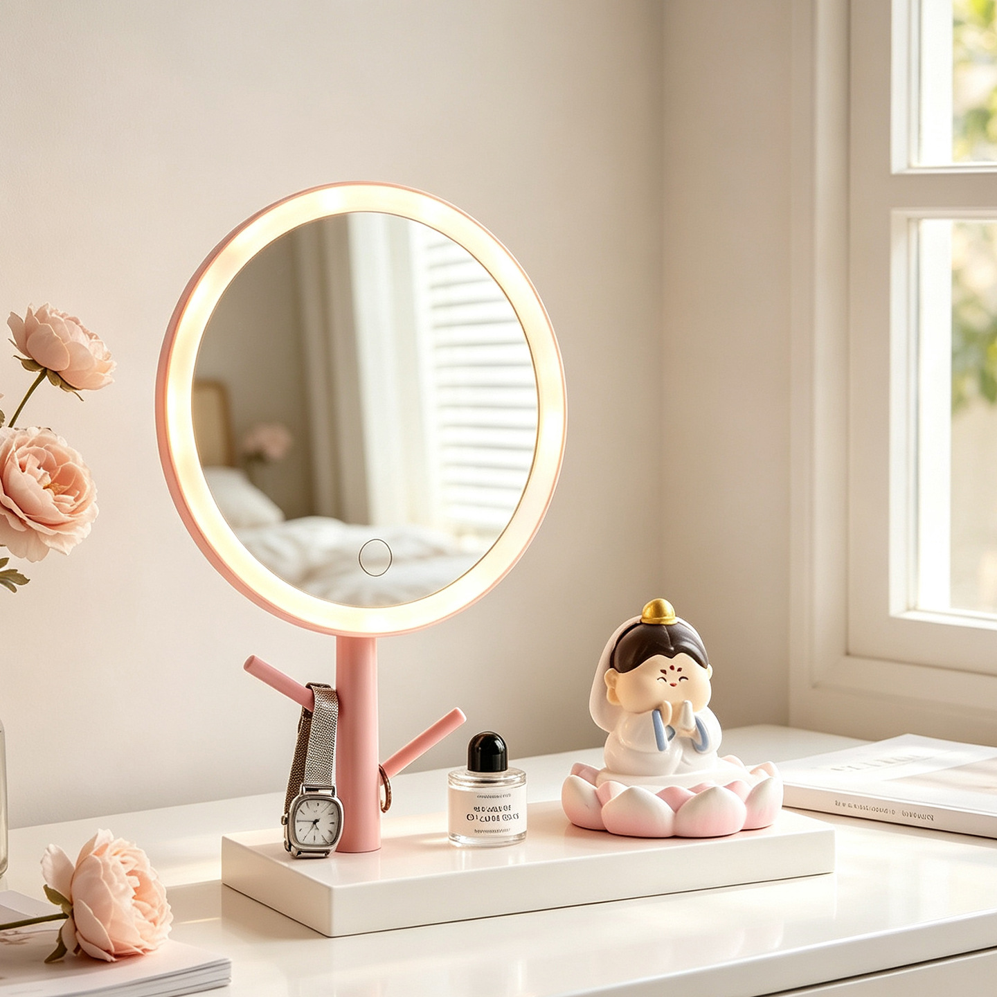 Lotus Makeup Mirror with Phone Stand and Tray