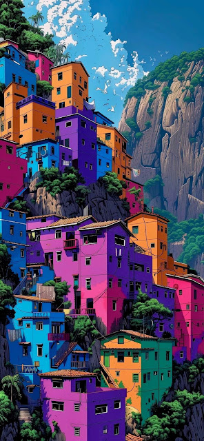 Vibrant Favela Hillside Art Illustration, Bright Urban Slums - Free mobile Wallpaper