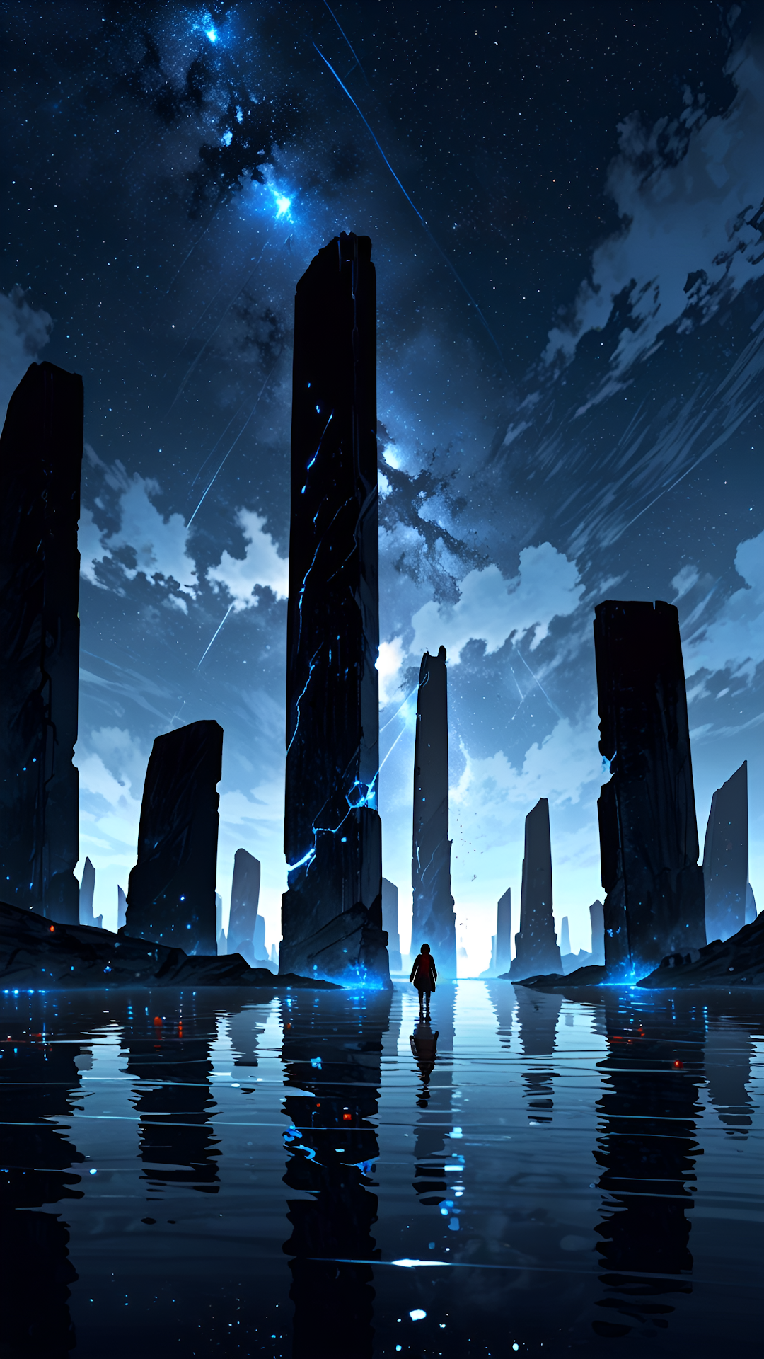Silhouette Walking Through Alien Monoliths Under Starry Sky - Free 4K mobile Wallpaper