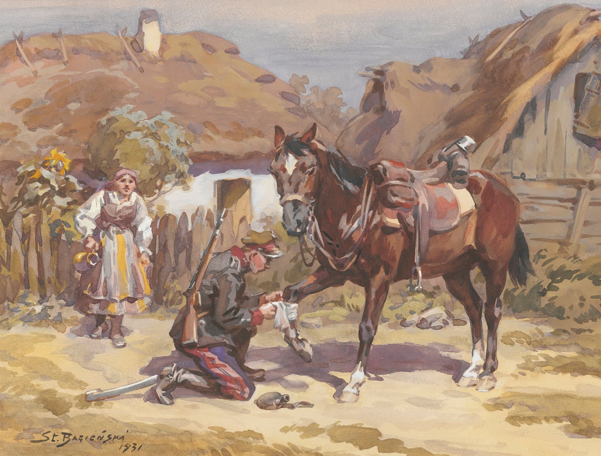 Ułan opatrujący konia 1931