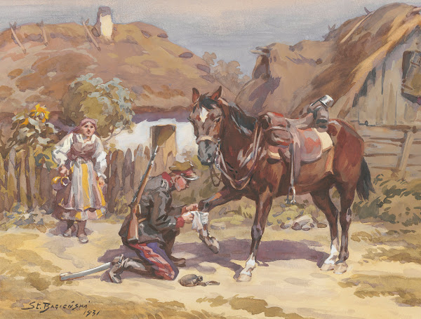 Ułan opatrujący konia 1931