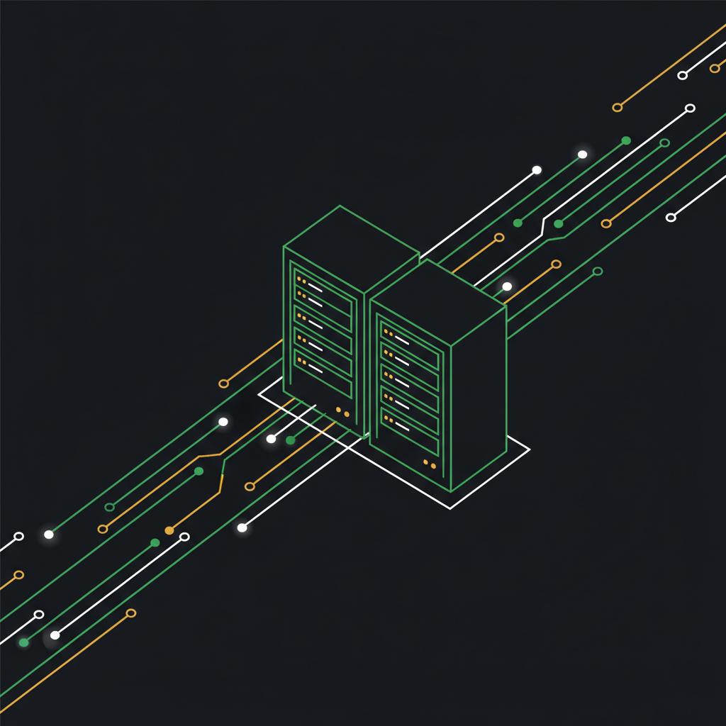Minimalist 2D vector of server racks and data lanes in Finance Police colors conveying secure infrastructure and throughput which crypto will boom in 2025