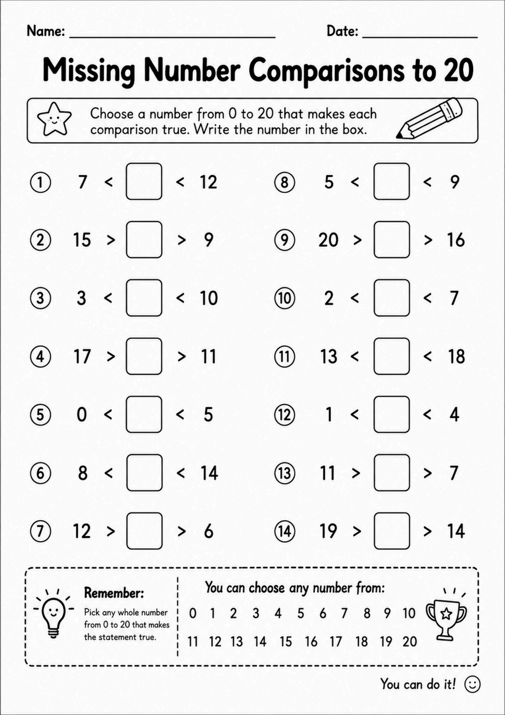 Missing Number Comparisons to 20 Worksheet