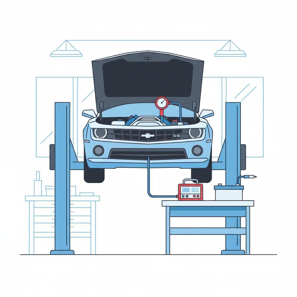 Minimal 2D vector of a camaro ss for sale on a lift with compression test gauge attached to the engine bay in a clean white and blue automotive shop