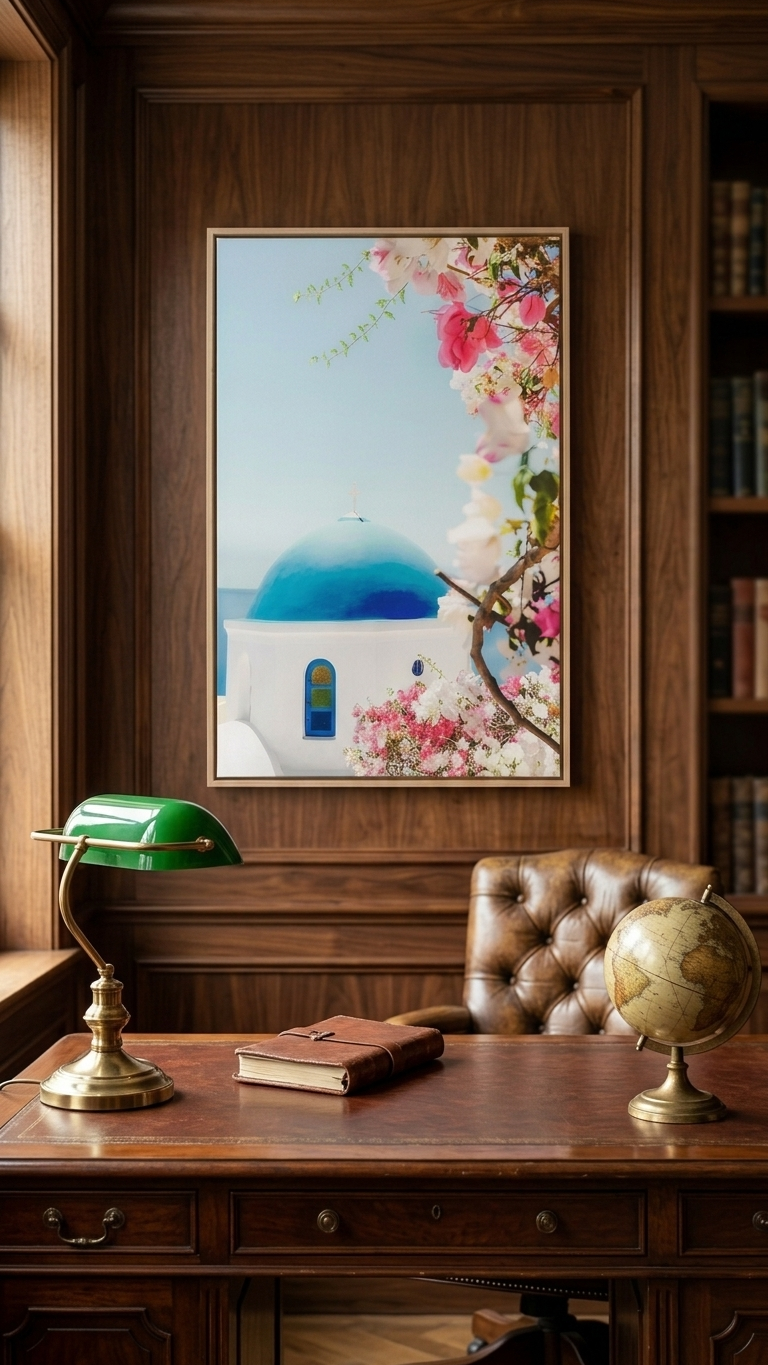 Greek Coastal Village Canvas Print – Pink Floral & Blue Dome Wall Decor (40x60 cm) Wall Art  - Image 2