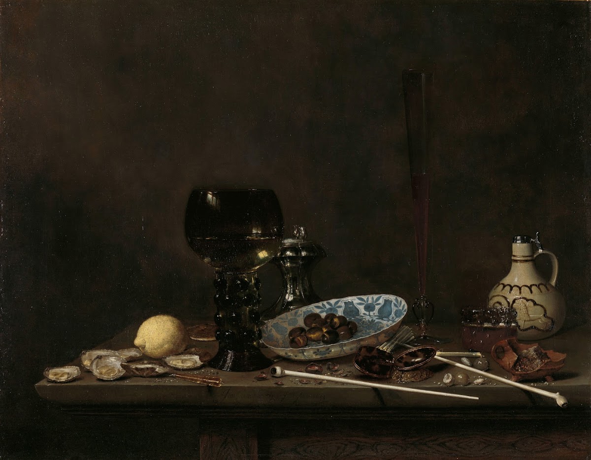 Still Life with Roemer Flute Glass Earthenware Jug and Pipes 1651