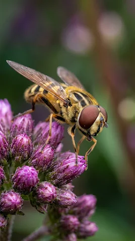 Hoverfly on Purple Flower Bud Macro
