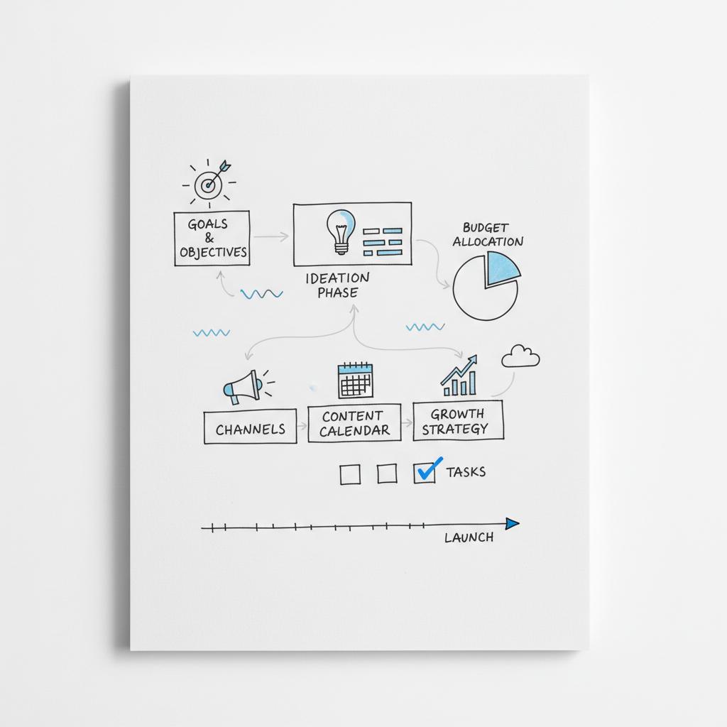 Overhead notebook sketches showing a Thumbtack profile optimization with camera, price-tag and speech-bubble icons and thumbnail photo sketches &mdash; How do I put an ad on Thumbtack?