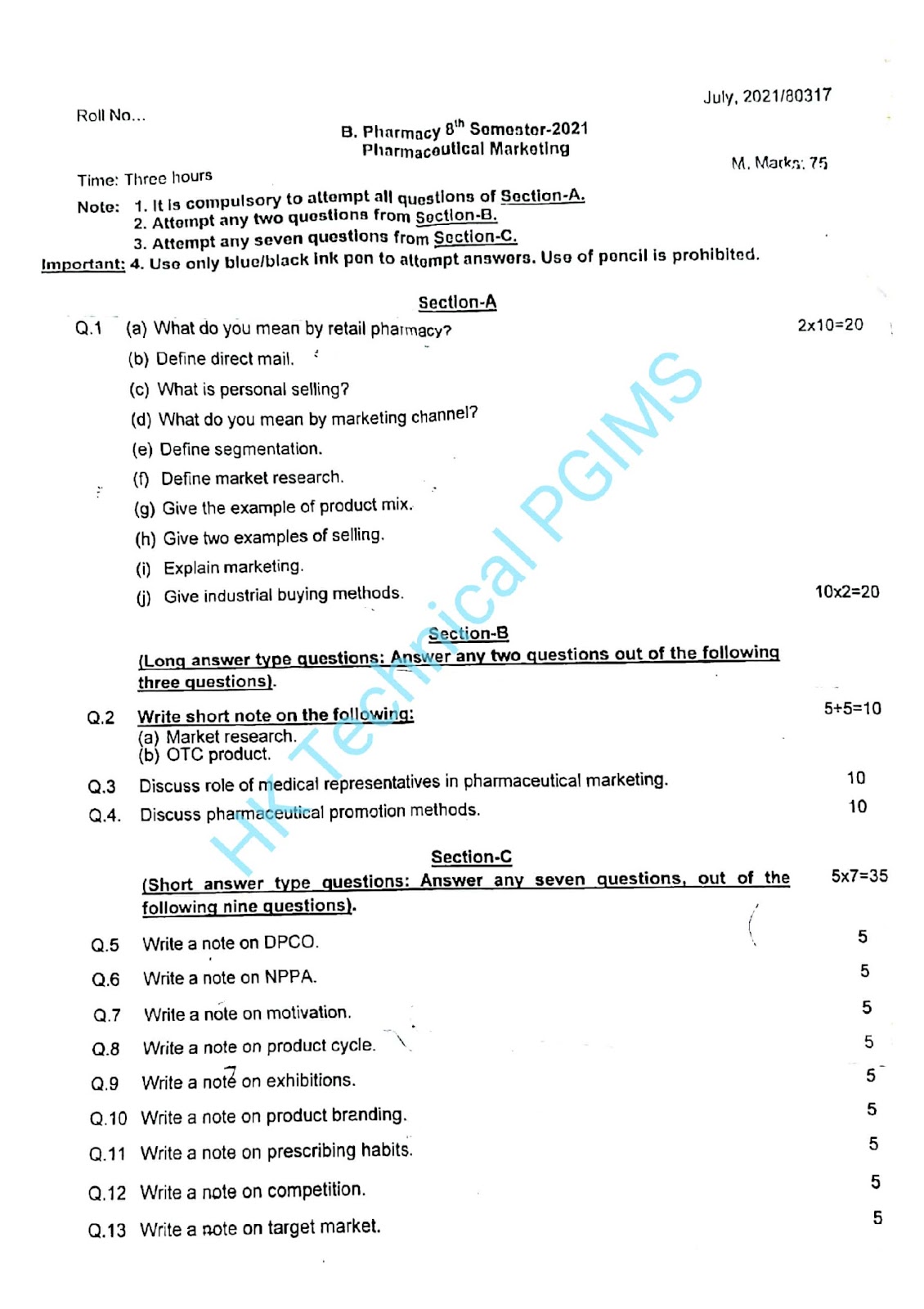 BP803ET Pharmaceutical Marketing 8th Semester B.Pharmacy Previous Year's Question Paper,BP803ET Pharmaceutical Marketing,BPharm 8th Semester,Previous Year's Question Papers,