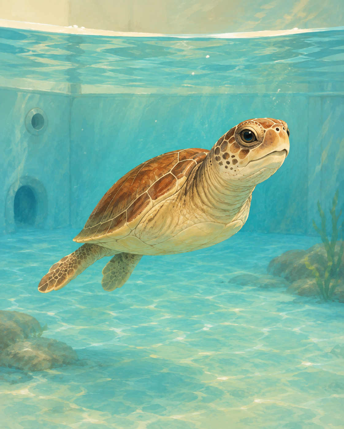 Cvita, eine junge Unechte Karettschildkröte ohne Vorderflossen, in einem Rehabilitationsbecken – Teaserbild