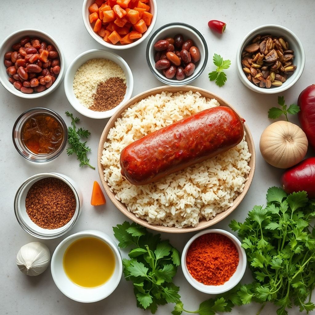 Ingredients for Classic Red Beans and Rice Recipe with Andouille Sausage (Easy One-Pot)