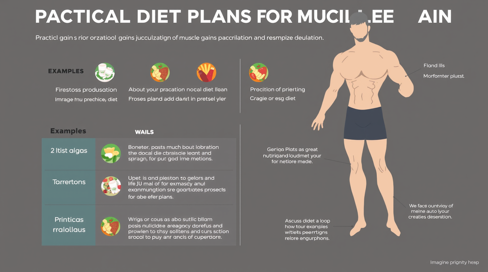 Infographic summarizing key points of practical diet plans for muscle gain: examples & customization