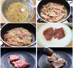 Thêm muối, ngũ vị hương, và tiêu. Tráng một lớp dầu trên chảo, rồi cho phần hỗn hợp trên vào. Để lửa nhỏ và lần lượt chiên vàng từng mặt bánh. Rắc ít tiêu xay lên thịt bò và ướp với ít nước tương, dầu ăn trong khoảng 10 phút. Chuẩn bị một chảo nóng với ít dầu ăn, sau đó bạn cho thịt bò vào áp chảo.