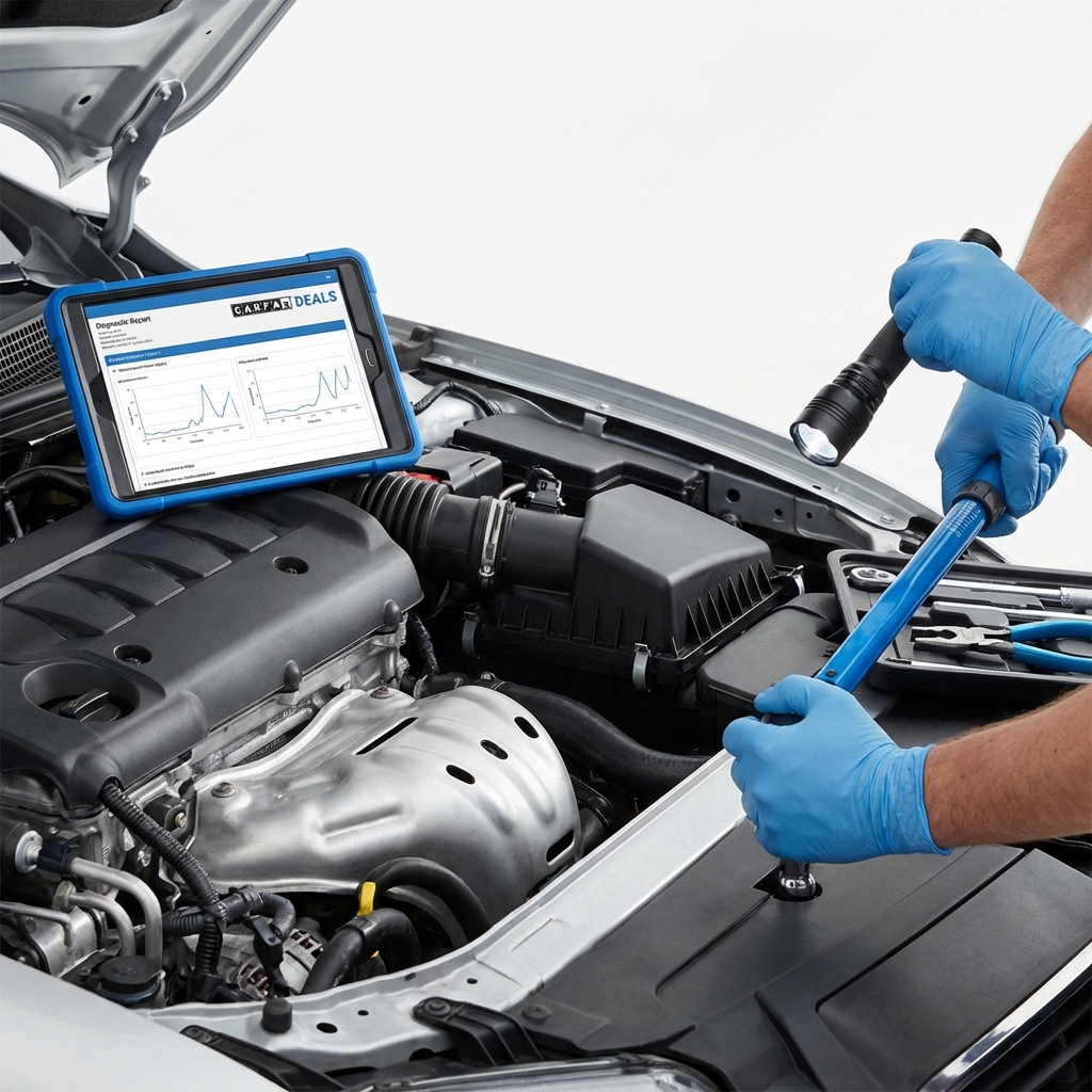 Close up pre purchase engine inspection with diagnostic tablet in brand accent color 3666ed showing report highlighting most reliable used cars