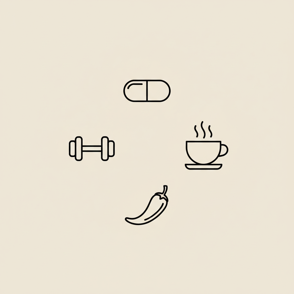 Minimalist line illustration of a capsule, steaming cup of tea, chili pepper, and dumbbell arranged in a circle on beige background — 4 ingredient metabolism booster