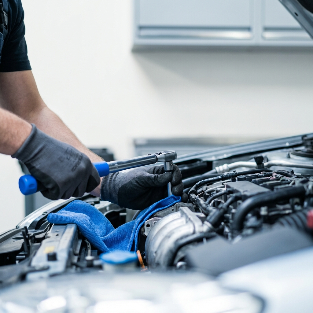 Close up of mechanic hands inspecting engine bay with a blue 3666ed cloth accent clean minimalist composition what car can I get for $7000