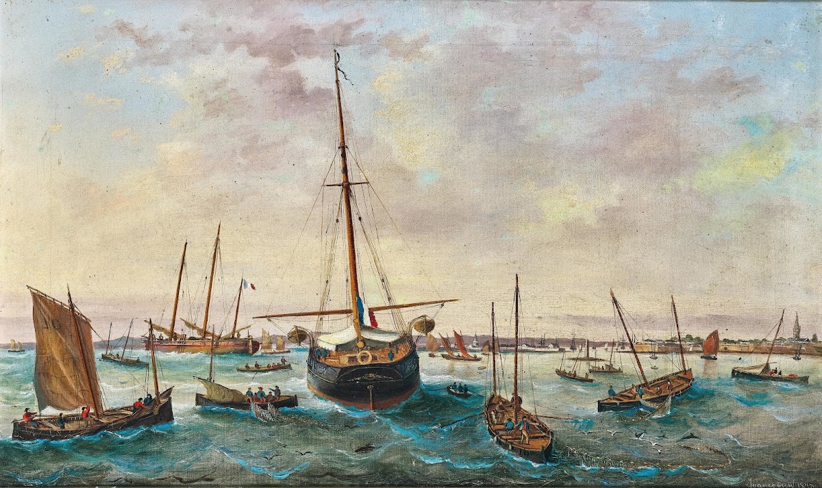 French Sailing Ships amidst Numerous Fishing Boats off the French Coast 1873