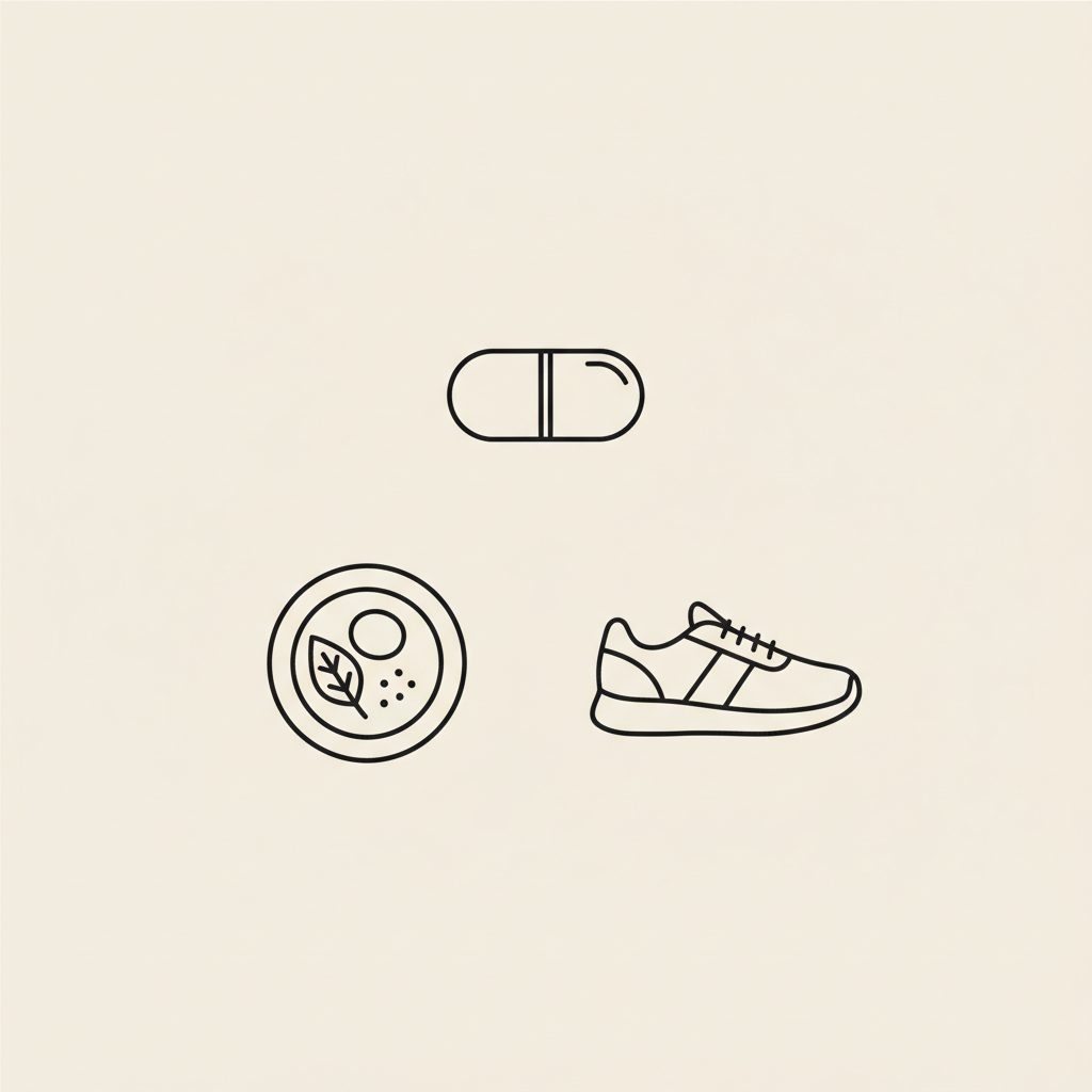 Minimalist Tonum-style line illustration of a capsule, a small plate with a balanced meal, and a walking shoe on beige background representing metabolic syndrome lifestyle balance.