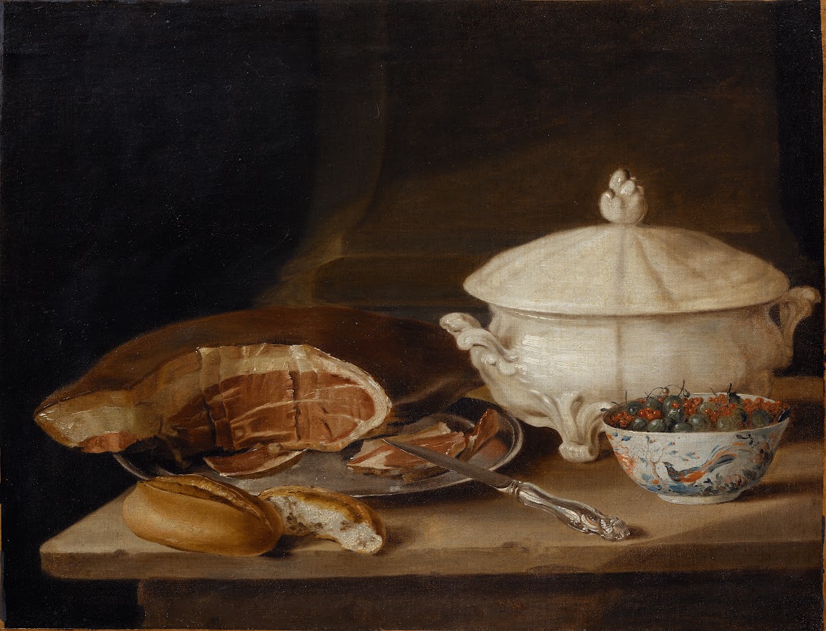 Still Life with Ham on a Pewter Dish a Faience Set and a Bowl of Gooseberries an