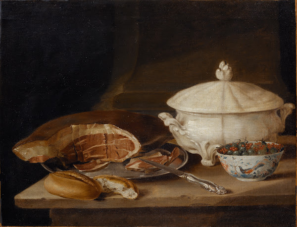Still Life with Ham on a Pewter Dish a Faience Set and a Bowl of Gooseberries an