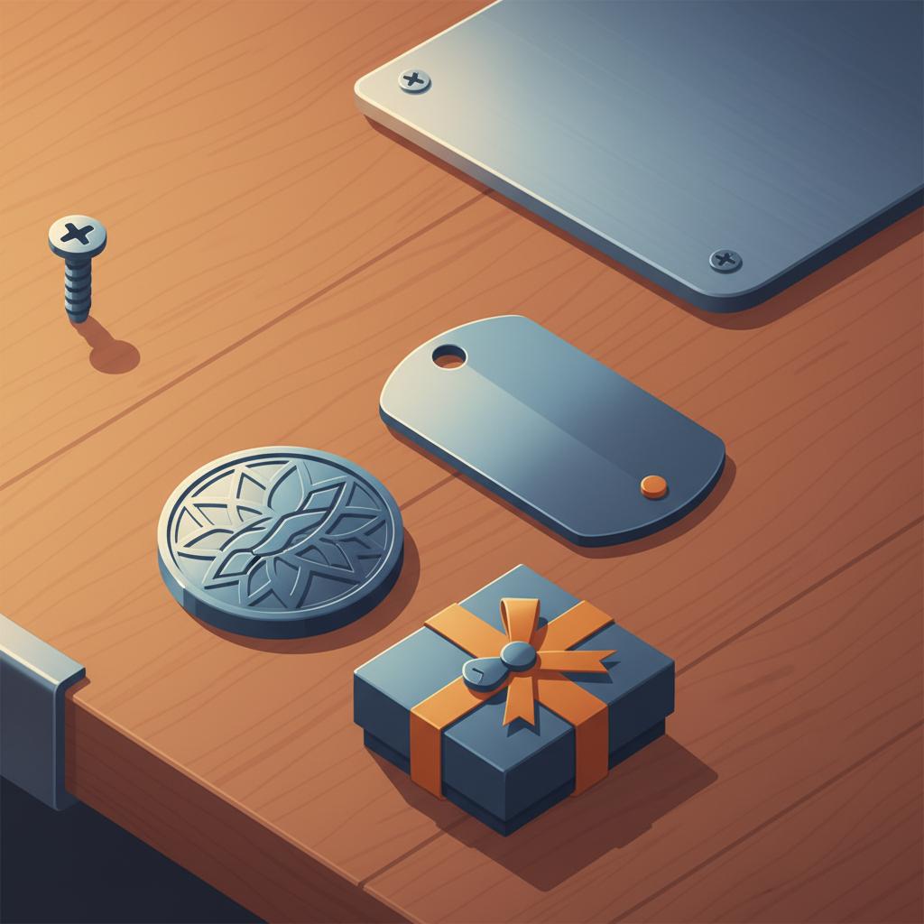 Nahaufnahme von graviertem Schlüsselanhänger, Dog Tag und kleinem Geschenkband auf Holztisch in minimalistischer 2D Vektorillustration, originelle geschenke zum 40. geburtstag mann