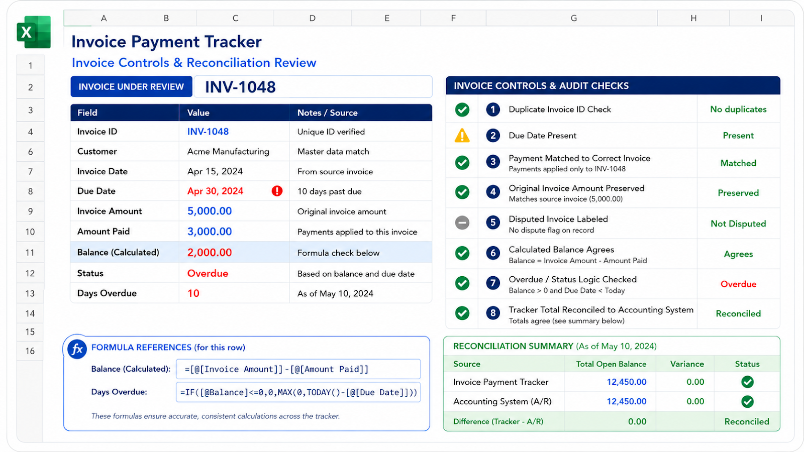Excel invoice tracker verification checking balances, due dates, payments, overdue status, and reconciliation