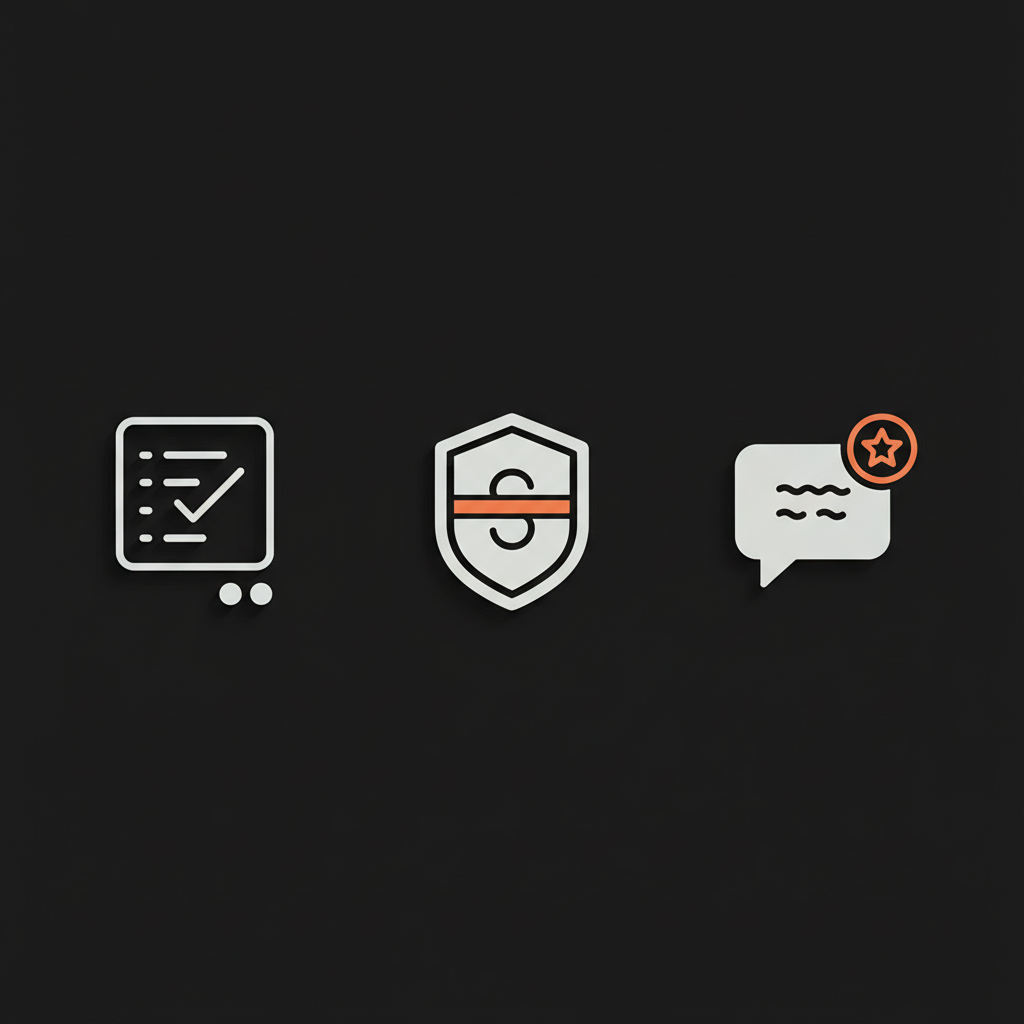 Minimal full-frame infographic with checklist, shield, and chat-bubble-star icons on black (#000000) using gray elements (#dddddd) and orange accents (#dc5c2b) — respond to an unfair Google review