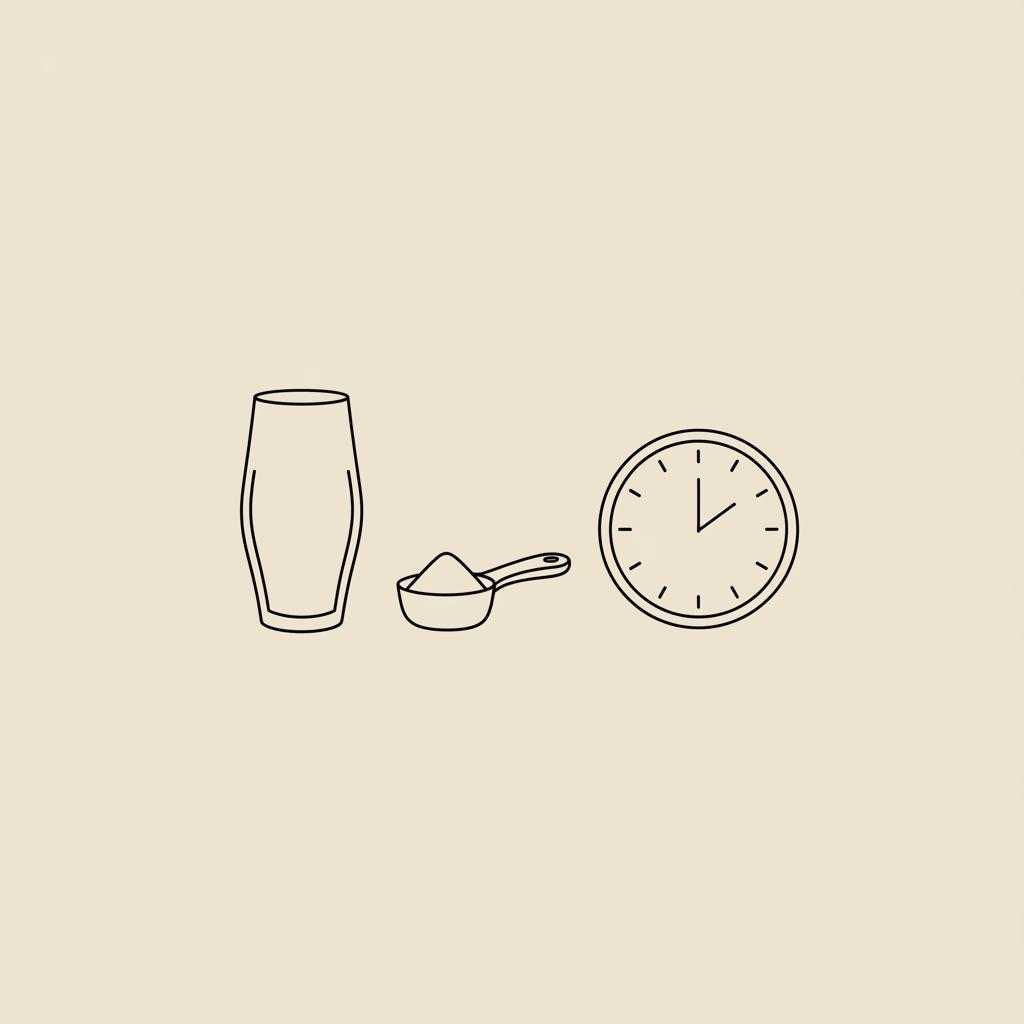 Minimalist Tonum-style line illustration of a water glass, powder scoop and a one-hour clock on beige background — how long does taurine take to work