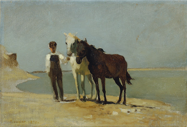 Ein Junge mit Pferden am Strand 1872