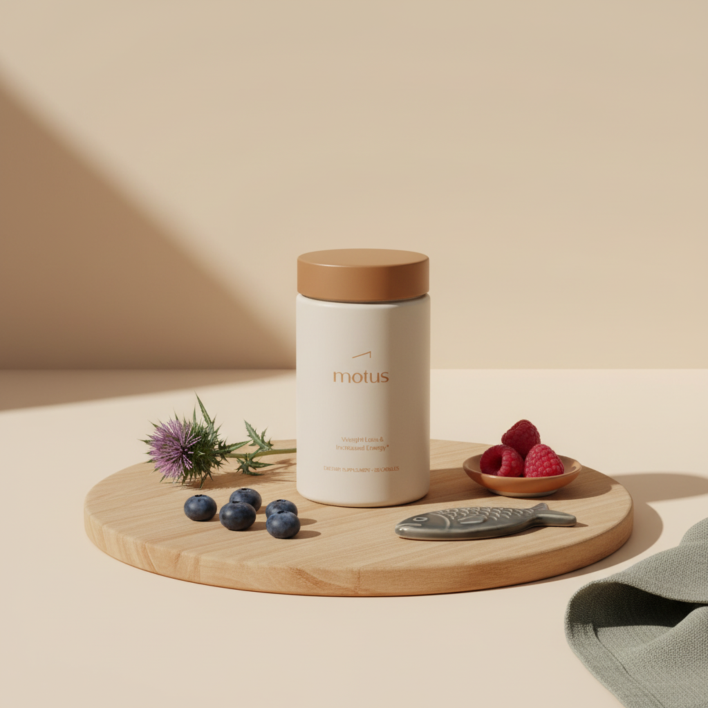 Tonum Motus bottle on a light wood board with berries, milk thistle and fish prop on #F2E5D5 background illustrating how to lose weight without exercise