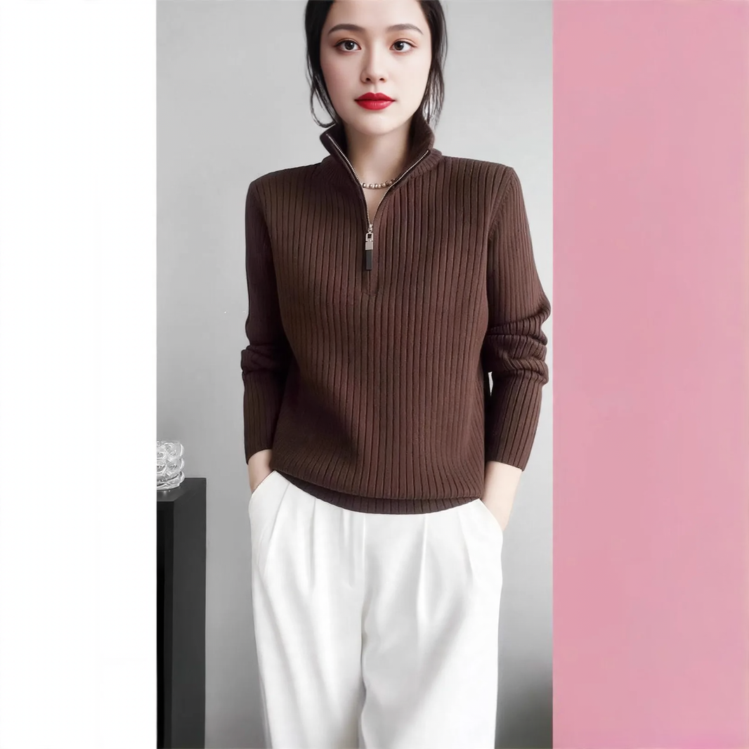 Women's knitted sweater with zipper and finger holes
