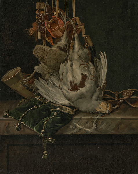 A partridge a hunting horn hawking hoods and a gold trimmed green velvet hunting