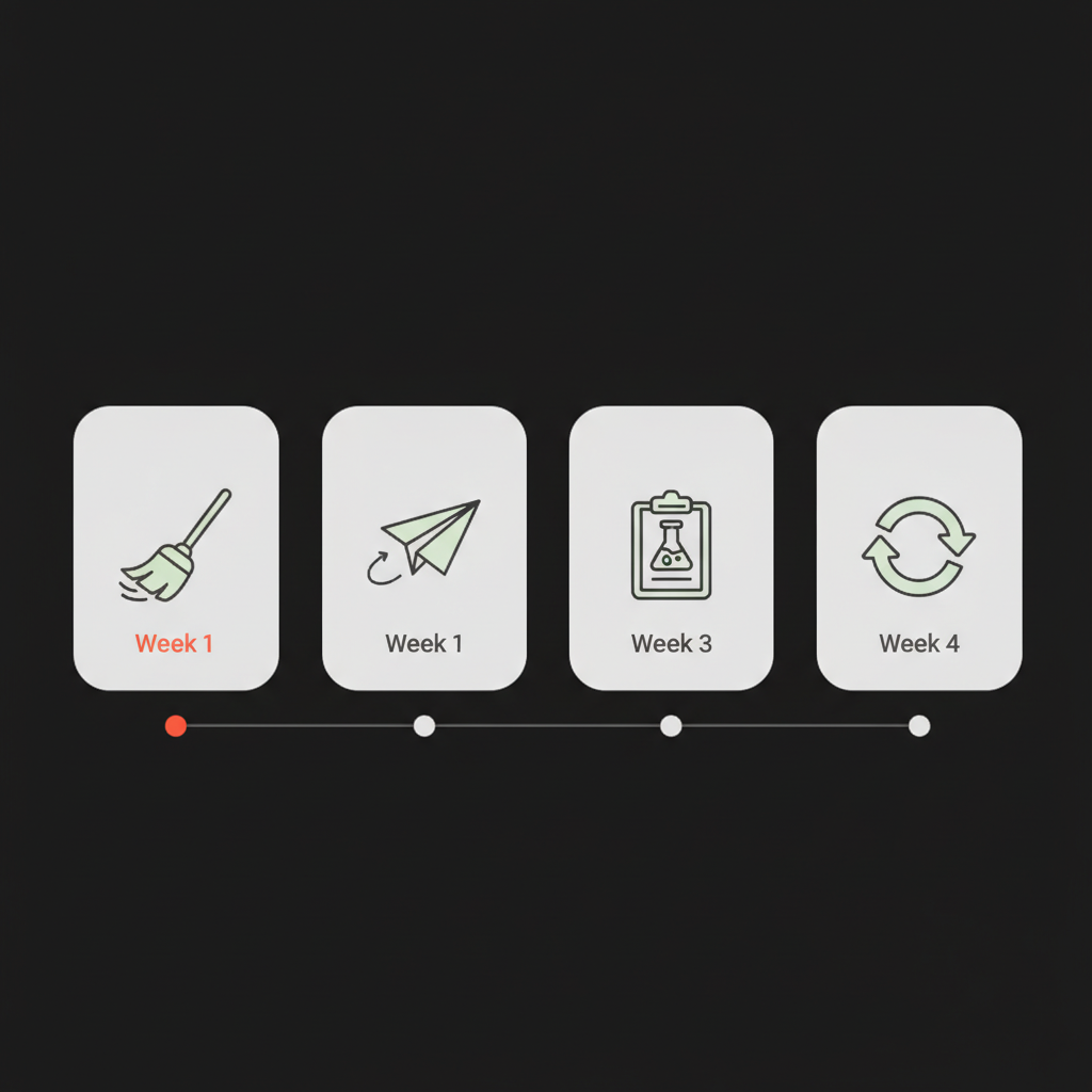 Minimal 2D vector 30-day roadmap infographic with four week cards showing icons for Clean, Pitch, Test, Iterate on a black background in Social Success Hub brand colors for verified TikTok accounts.