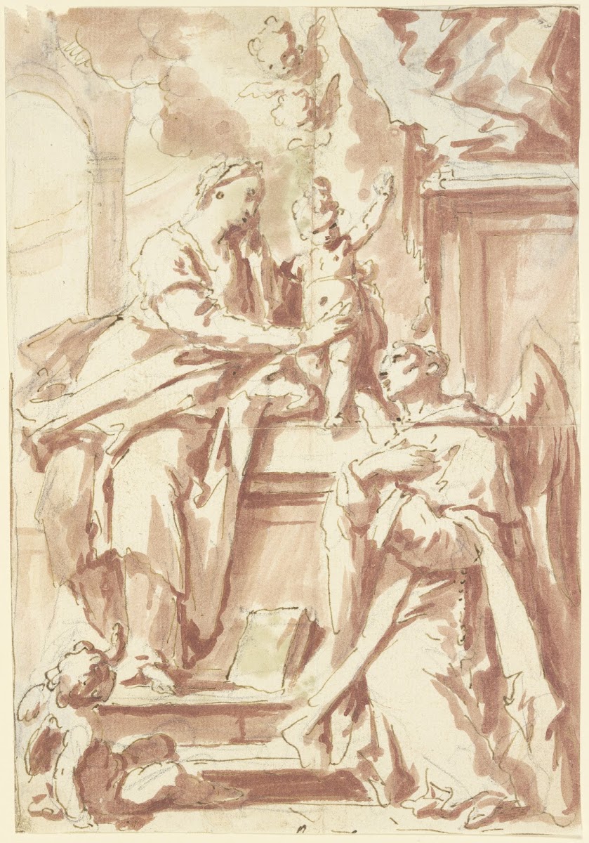 Ein Mönch mit Flügeln verehrt die Madonna