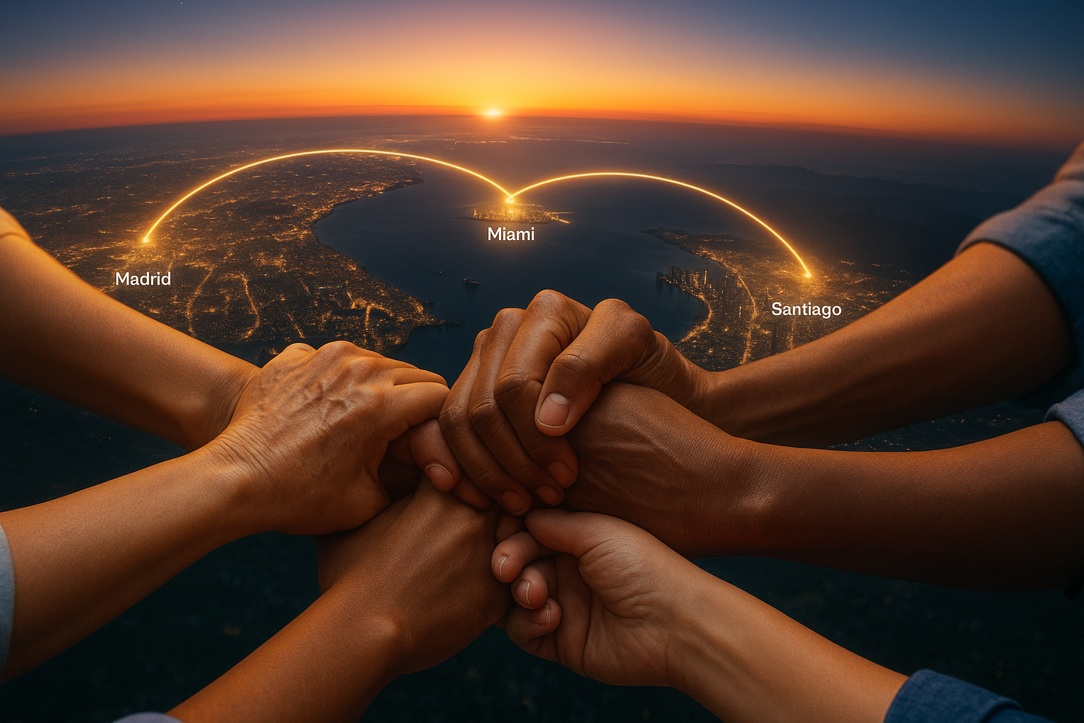 Venezolanos conectados por una red de luz entre ciudades del mundo al atardecer