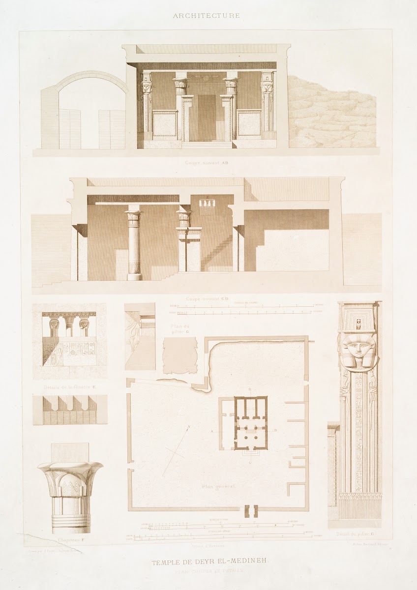 Architecture Temple de Deyr el Medineh  plan coupes et détails 1878