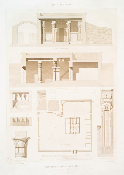 Architecture Temple de Deyr el Medineh  plan coupes et détails 1878